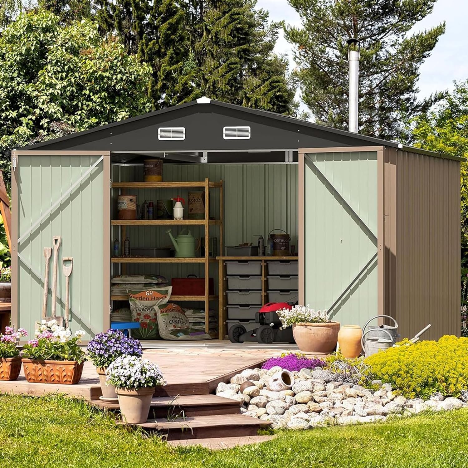 Furniwell 10x8 FT Outdoor Storage Shed, Metal Garden Sheds Outdoor Storage House with Single Lockable Door for Backyard Patio Lawn, Brown