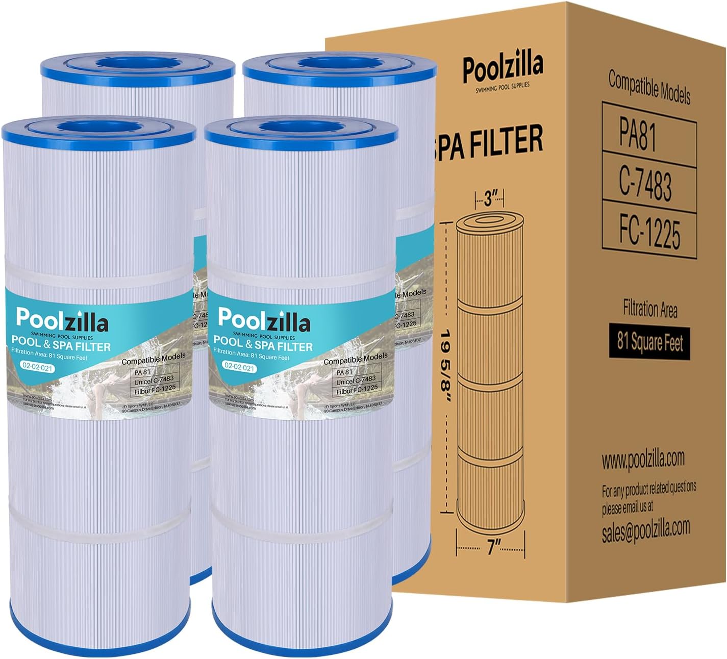 Poolzilla 4 Pack Pool Filter Cartridge Replacement for CX580XRE, Hayward C580E, PA81-PAK4, Unicel C-7483, Hayward SwimClear C3020, C3025, C3030, Filbur FC-1225, FC-6425 (L x OD: 19 5/8” x 7”)