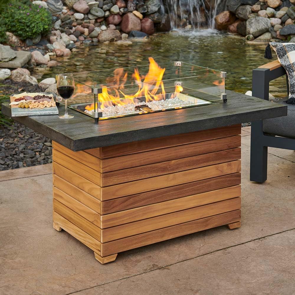 Outdoor GreatRoom Co Propane Fire Pit Table - Darien Gas Fire Pits for Outside Patio - 44 Inch Rectangular Everblend Concrete Firepit Fire Table, Wood Base, Glass Tabletop Cover, 55,000 BTU - Grey