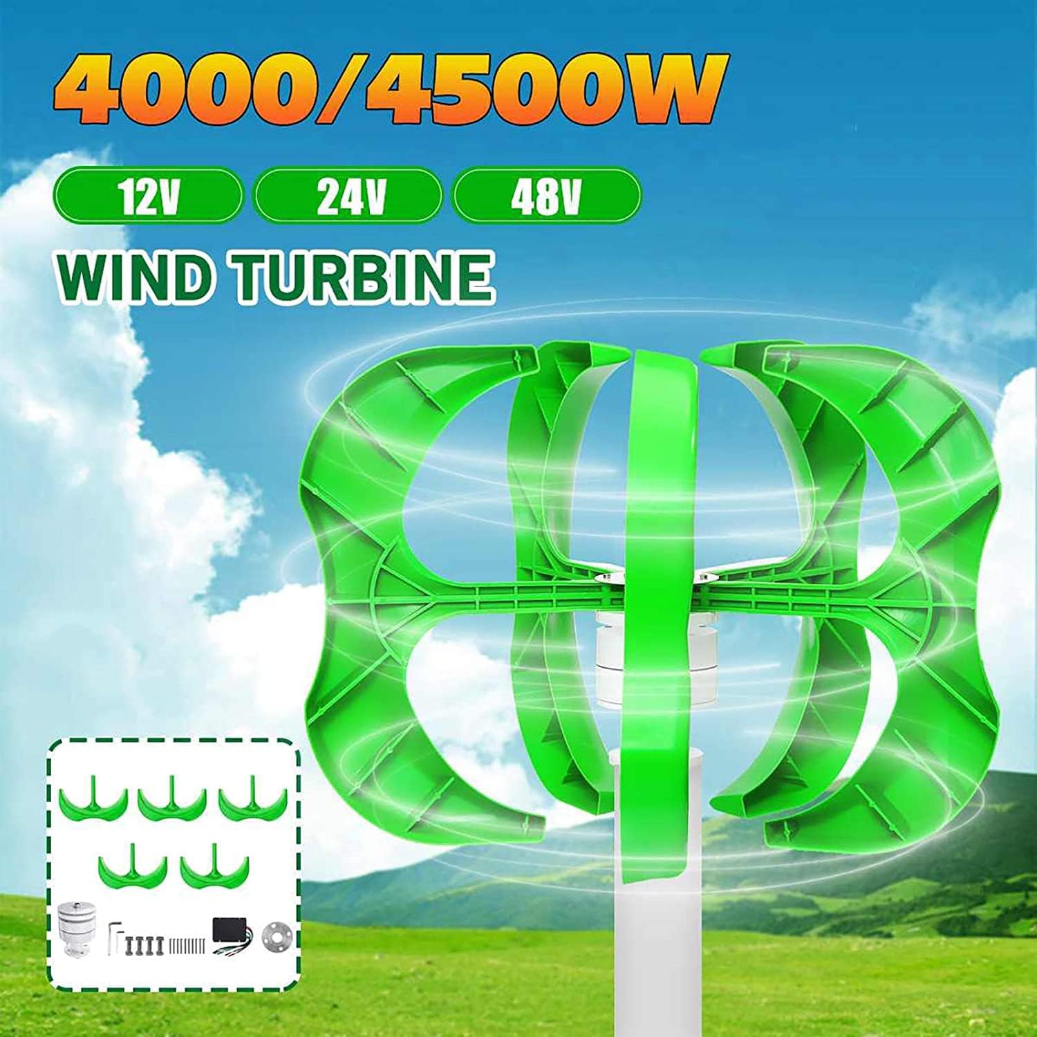 Wind Power Turbines Generator 4000W 5 Blades Generator Lantern Wind Turbines Vertical Axis for Streetlight+Controller