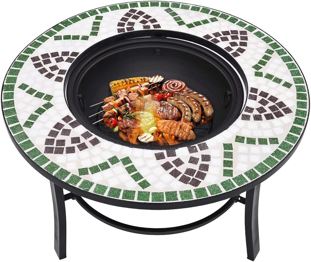 vidaXL Fire Pit with BBQ Grid - Green Ceramic Mosaic, Outdoor Patio Heater/Stove, Decorative Garden Furniture, Steel Construction