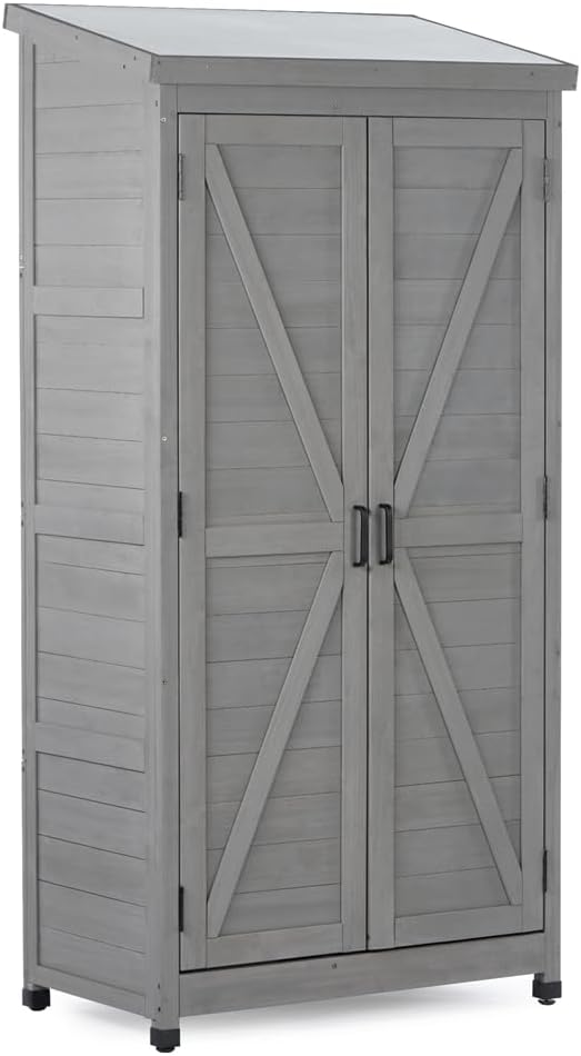 ASSYA Outdoor Storage Cabinet with Metal Roof, Outdoor 68 Inch Wooden Gardening Tool Shed for Patio, Backyard and Lawn