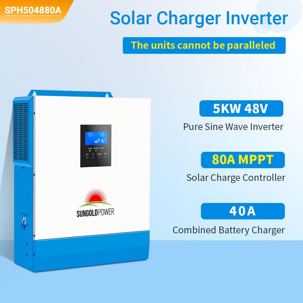 SUNGOLDPOWER 5000W DC 48V All in One Solar Inverter, 80A MPPT Solar Charger and 40A AC Charger, 120V AC Output Pure Sine Wave Inverter for Backup, Off-Grid System (CAN NOT Parallel)