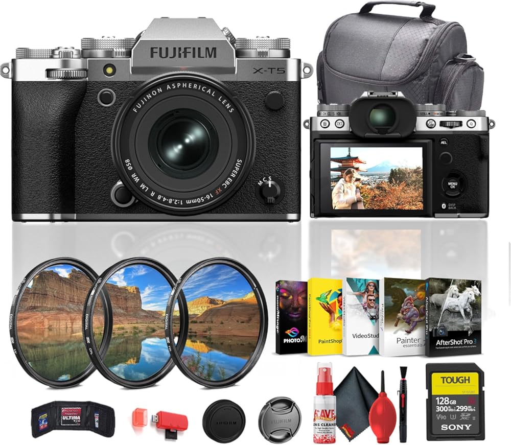 Fujifilm X-T5 Mirrorless Camera with XF 16-50mm Lens in Silver (16843014) Bundle Including: 128 GB Memory Card, 3-Piece Filter Kit, Art Studio Software, Camera Case, Card Reader, Full Cleaning Kit
