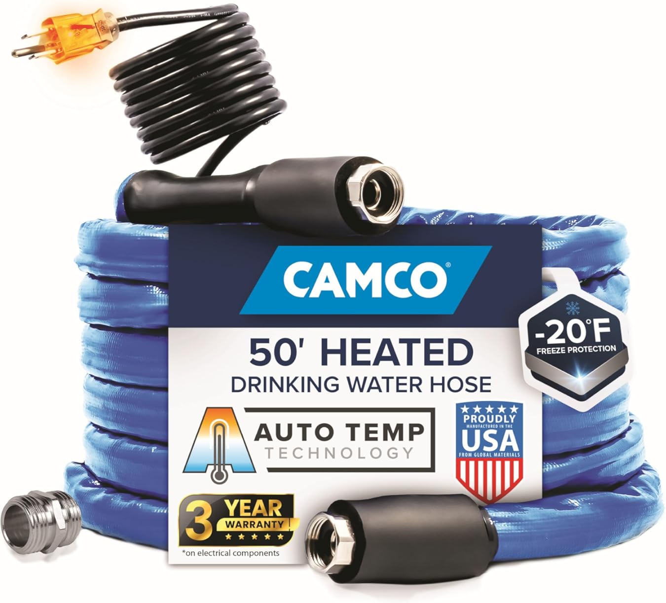 Camco 50' Heated Water Hose for RV — Prevents Freezing Down to -20° — Certified For Drinking Water & Lead-Free — Great for Campers, Livestock, Agriculture, Kennels, etc. — 5/8