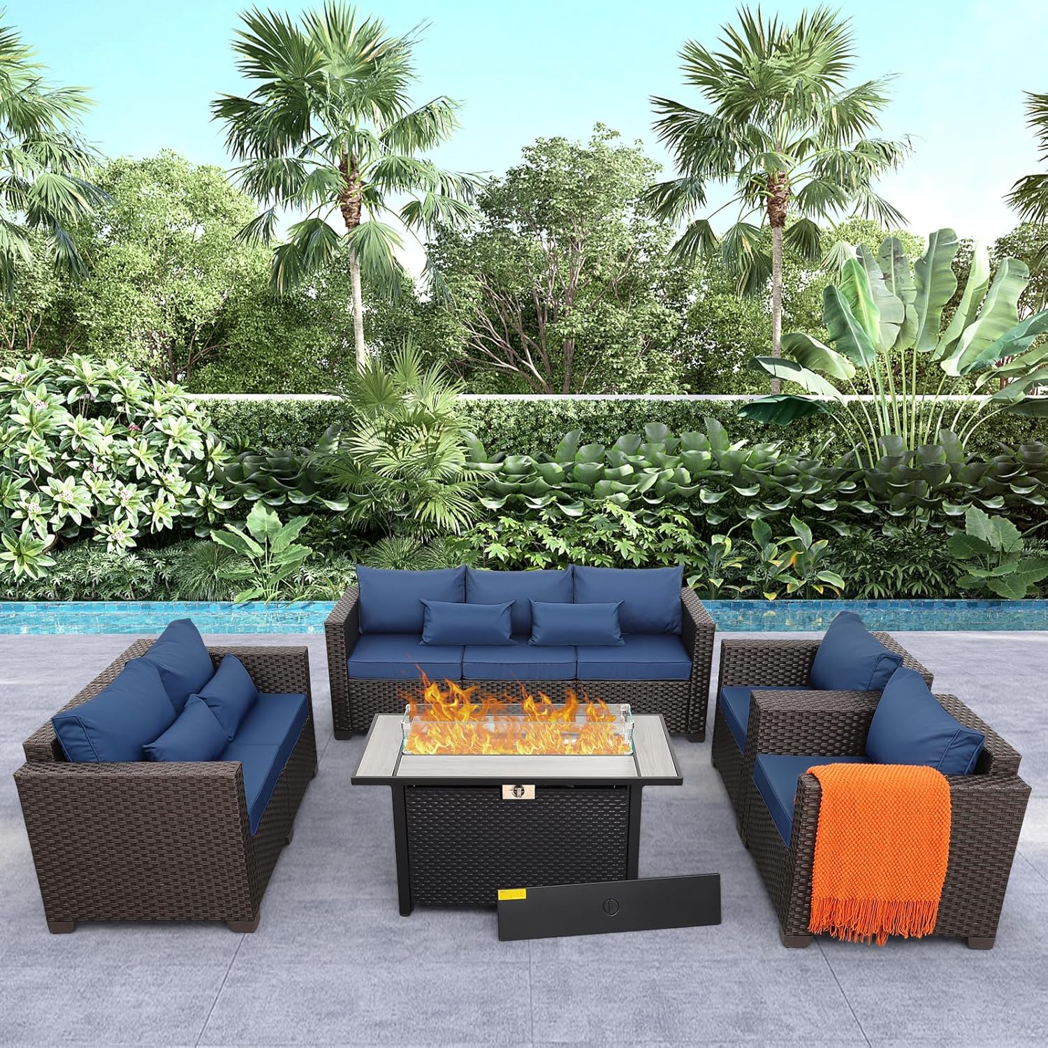 Rattaner 5-Piece Outdoor Patio Furniture 45 in Outdoor Fire Pits Patio Furniture Set 60000 BTU Outdoor Propane Fire Pit No-Slip Cushions Waterproof Covers, Navy Blue