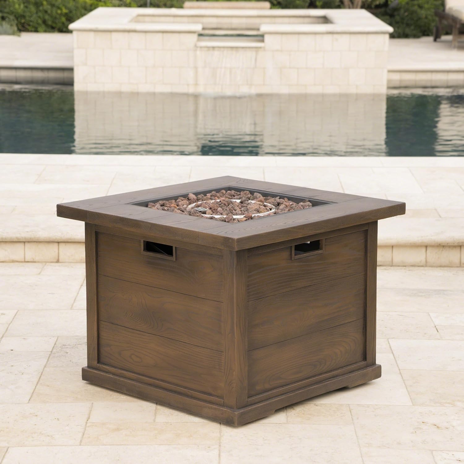 Patio Square Gas Fire Pit-24 ” H 32 ” W Concrete Wood Pattern-Brown, 40,000 Btu with Door, Outdoor Heater for Backyard, Deck (1 Doors)