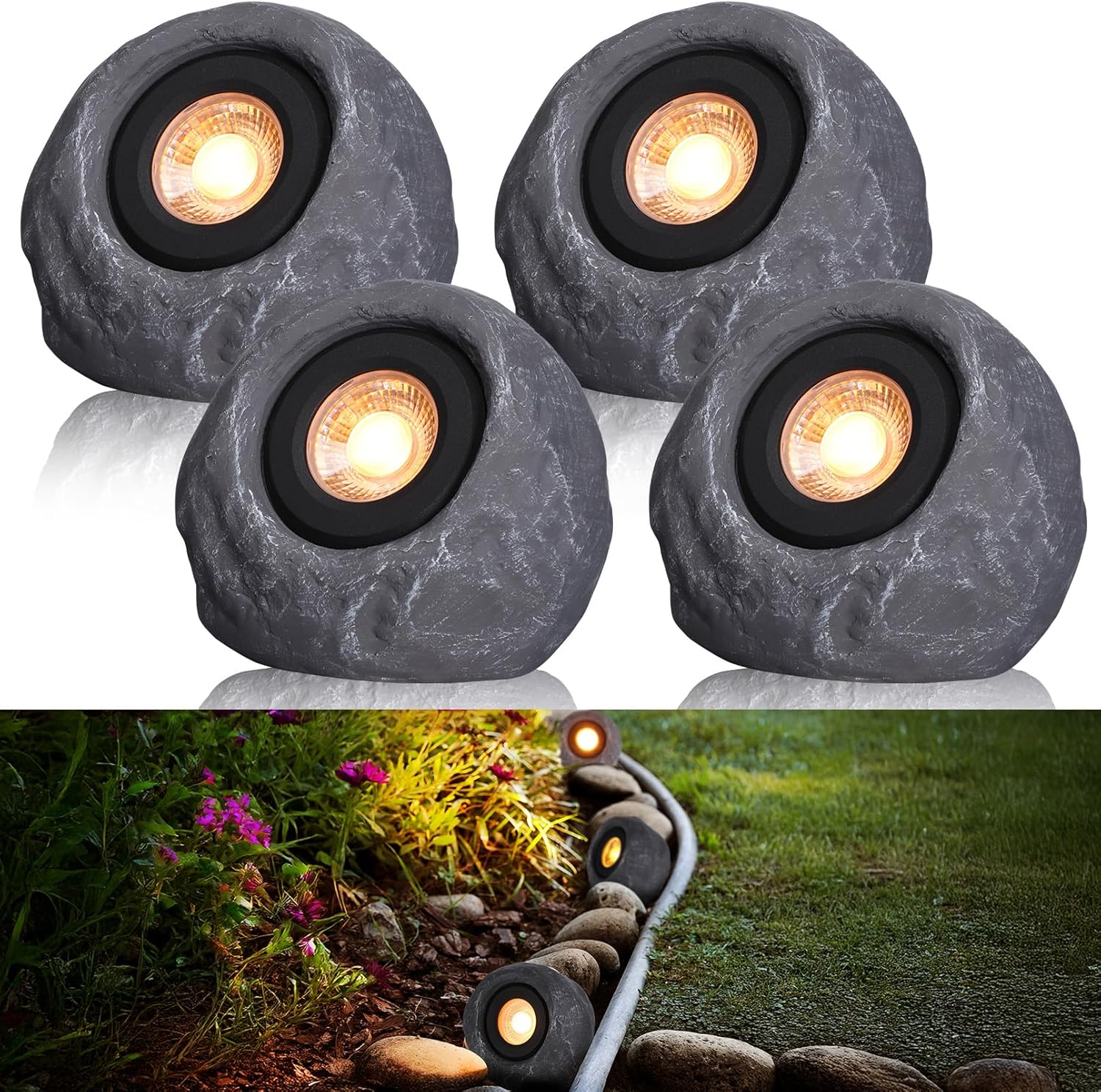 LEONLITE 5CCT LED Rock Lights Outdoor, 5W Low Voltage Landscape Spot Light for Garden, Yard, Decorative Stone Light, 12-24V AC/DC, CRI90, 200lm, IP65 Waterproof, Round, Dark Gray, Pack of 4
