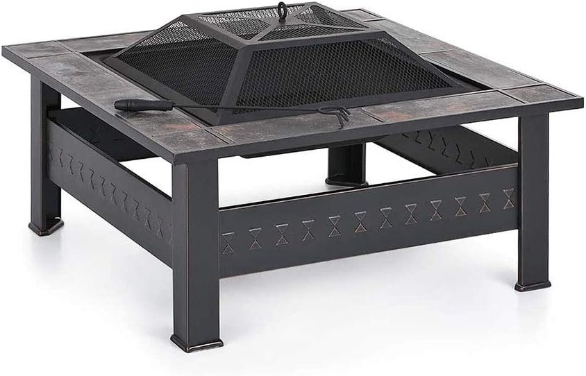 Outdoor Fire Pits Fire Pit with BBQ Grill Shelf,Outdoor Metal Brazier Square Table Firepit Garden Patio Heater with Waterproof Cover