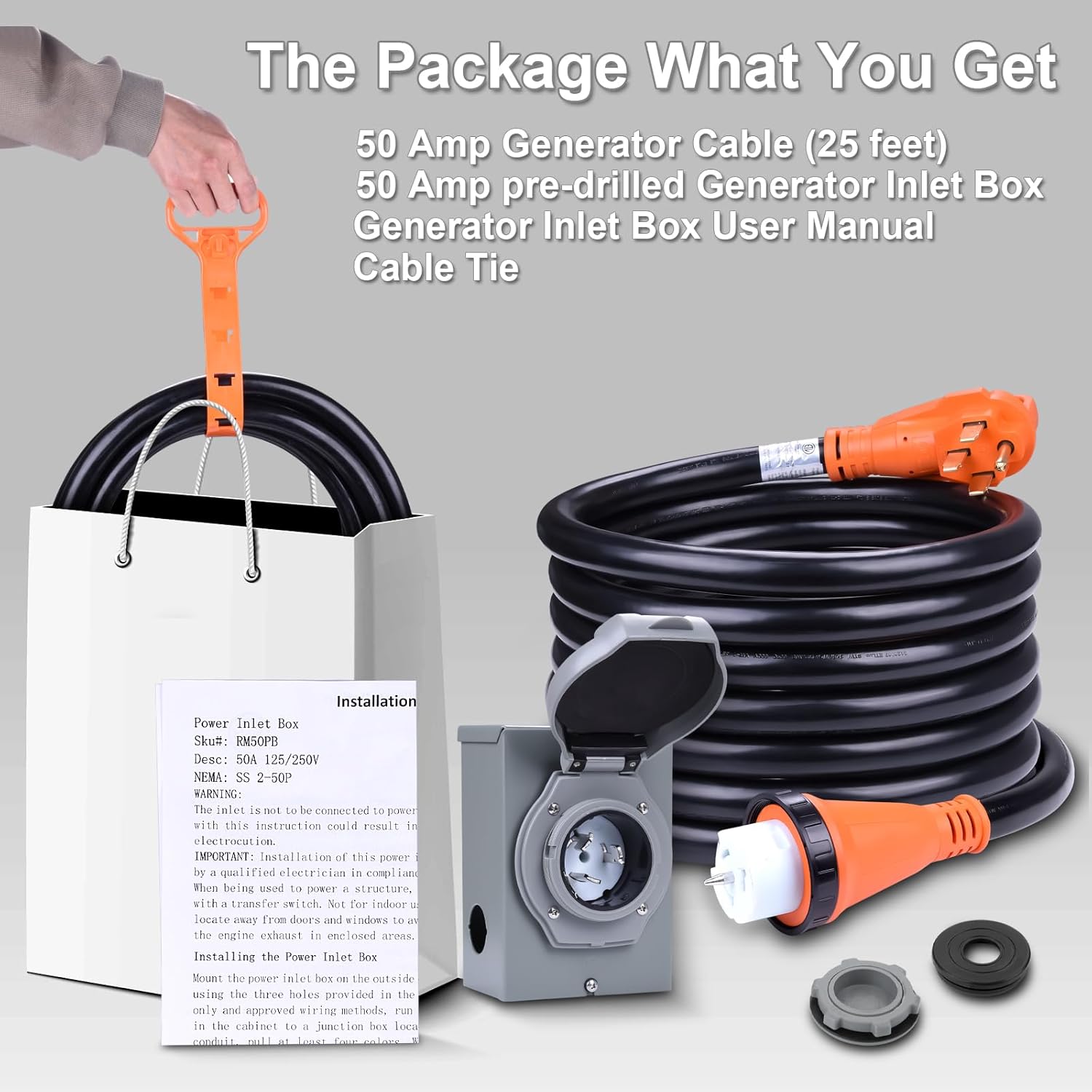 50A Generator Cord and Power Inlet Box,25FT Generator Extension Cord NEMA 14-50P/SS2-50R STW 6/3+8/1 AWG with Twist Lock Connector,Pre-Drilled Inlet Box for Generator to House,125/250V ETL Listed