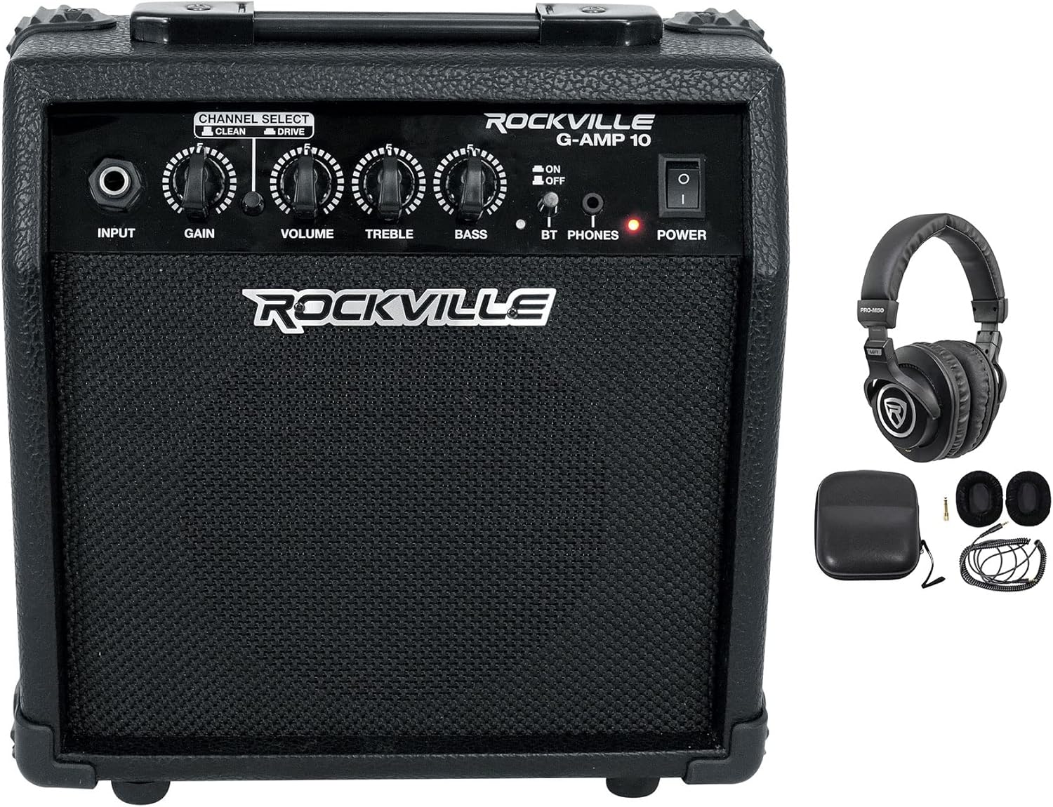 Rockville Guitar Bundle: G-AMP 10 Watt Guitar Amplifier with Bluetooth, Clean/Distortion Channels with PRO-M50 Studio Headphones Detachable Cable, Case, Extra Pads, 2-Items