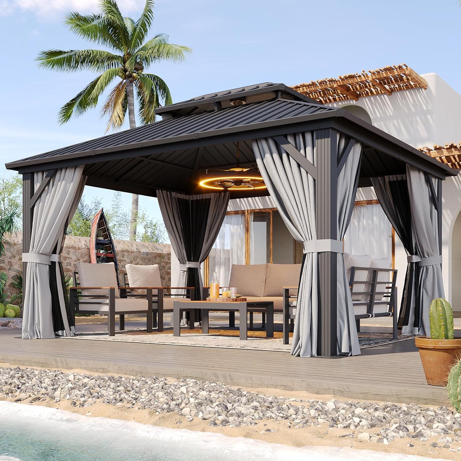 Aoxun Hardtop Gazebo 10x12, Aluminum Frame Canopy with Double Galvanized Steel Roof, Outdoor Gazebo with Breathable Netting and Privacy Curtain for Backyard