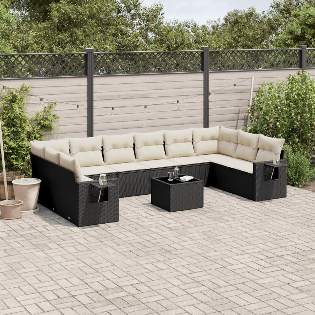 11-Piece Garden Sofa Set Black and Cream White, Outdoor Modular Seating with Storage Bags, Durable Poly Rattan Furniture for Patio Lounge