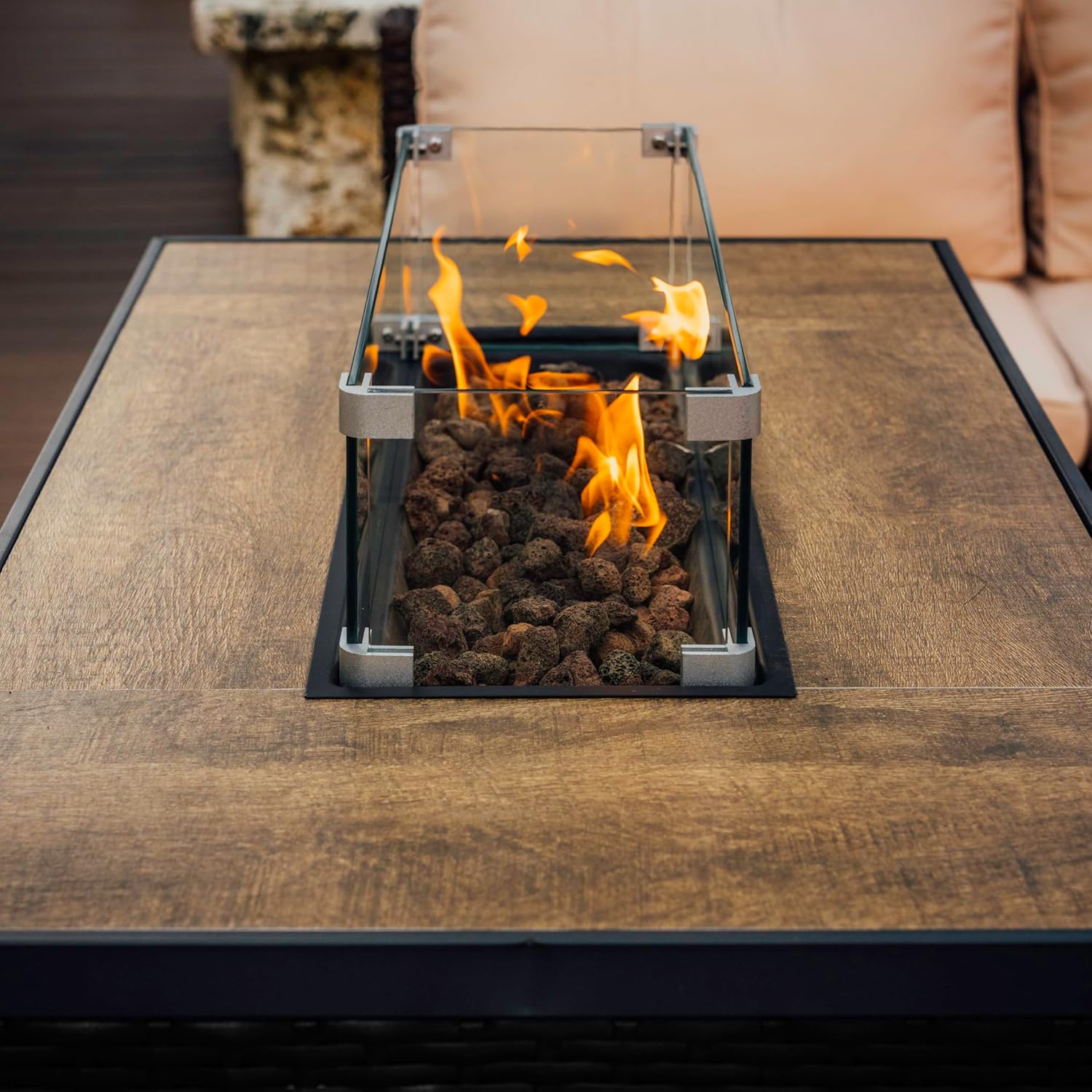 Nestl 43 Inch Fire Pit for Outdoor - 50,000 BTU Outdoor Propane Fire Pit Table with Lid, Rain Cover & Lava Rocks - Patio Fire Pit Table with Tempered Glass for Backyard Gatherings - Black