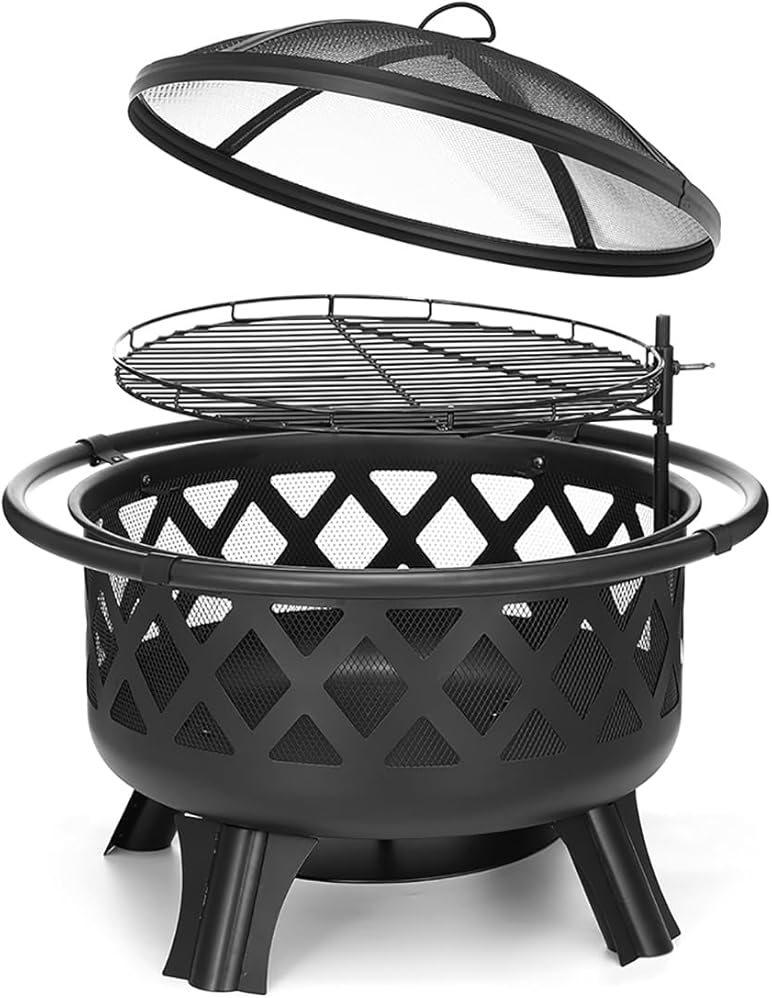 30 Inch Fire Pits for Outside with Grill Wood Burning Firepit Large Steel Firepit Bowl for Patio Backyard Garden Camping with Swivel BBQ Grill, Ash Plate,Spark Screen, Poker