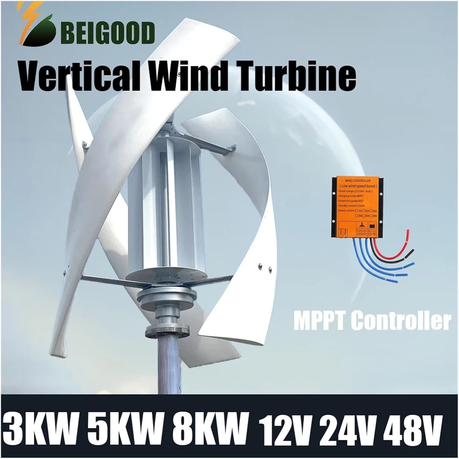10KW Vertical Axis Wind Turbine Generator for Home, Farm & RVs - High Efficiency 12V/24V/48V/96V, Ideal for Sustainable Energy Solutions