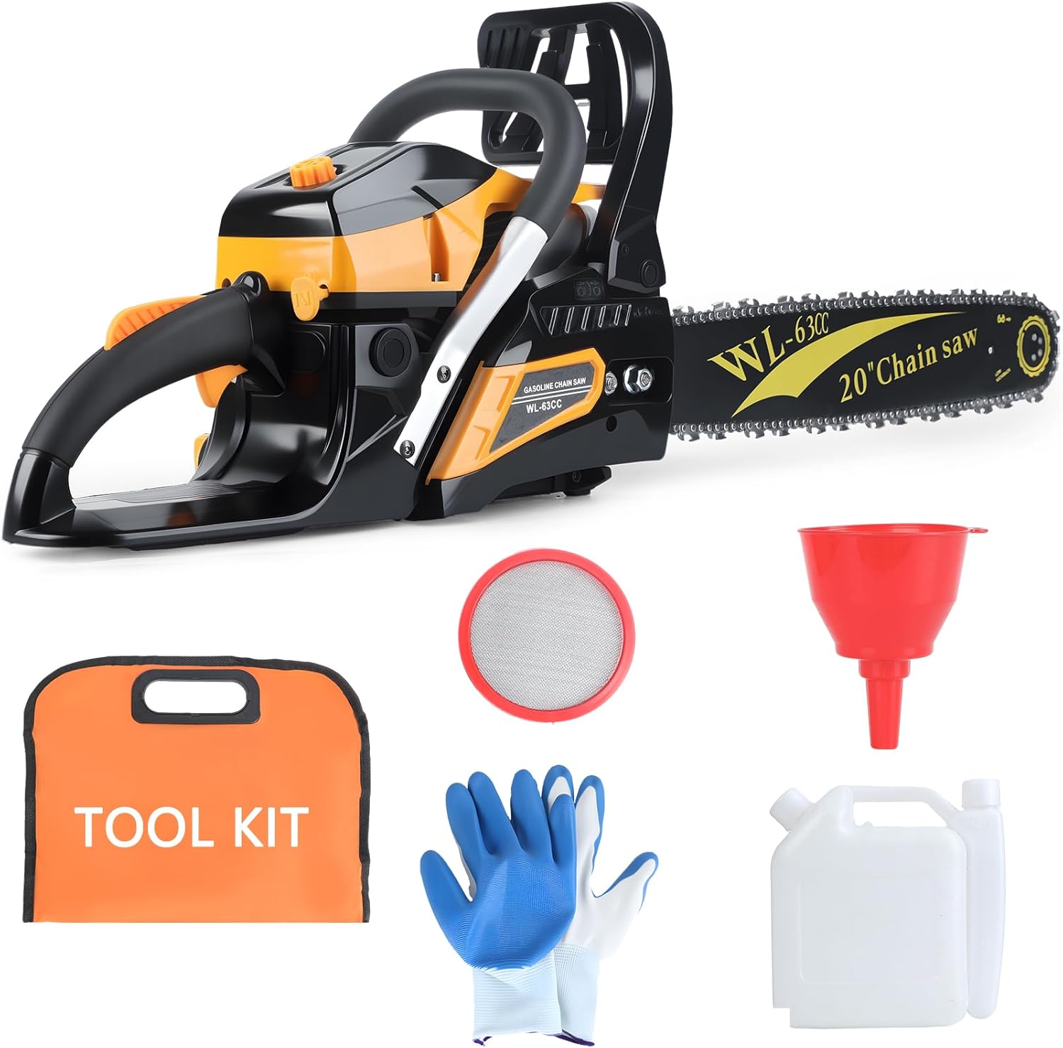 20-Inch 63CC Cordless Gas Powered Chainsaw, 2 Stroke Handed Petrol Gasoline Chain Saw with Ergonomic Handle, Small Vibration Cordless Logging Saw Woodworking Tool (Yellow)