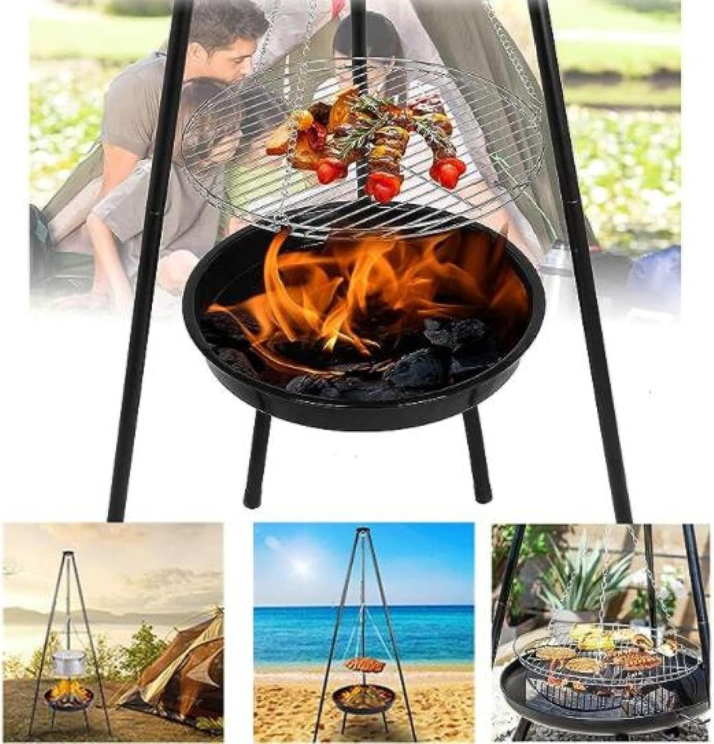 Outdoor Height-Adjustable Hanging Tripod Campfire Cooking Equipment,Portable Camping Campfire Grill,Heavy Duty Firepit Grill,for Outdoor Cookin