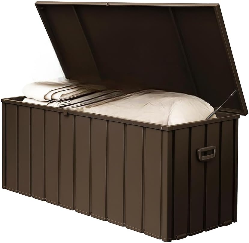LuckyNote】190 Gallon Metal Deck Box, Waterproof Steel Outdoor Box, Large Patio Furniture Storage Cabinet, Lockable Storage Bench for Porch Package Delivery,Pool, Tools, Backyard (Dark Brown)