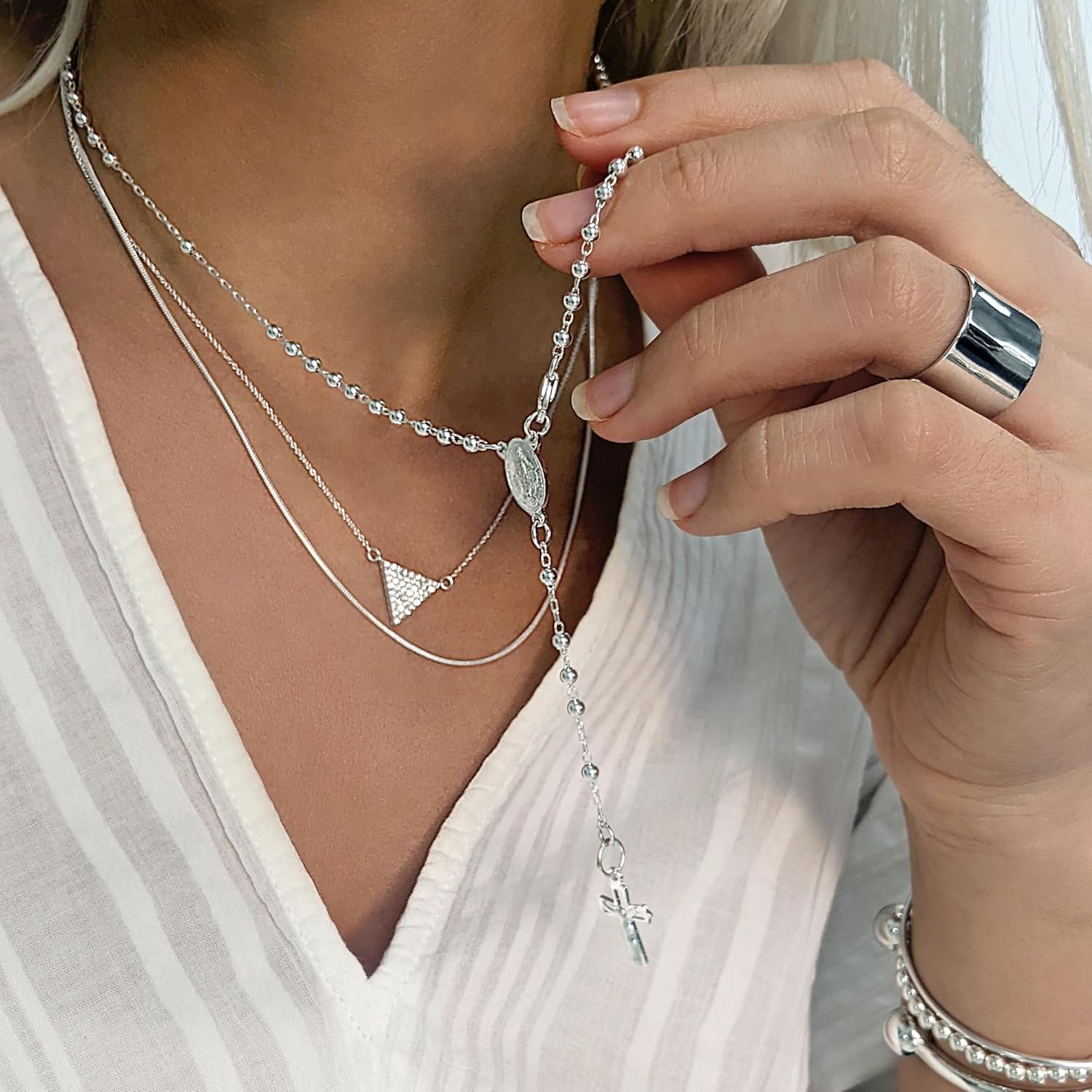 Silverly 925 Solid Silver Rosary Beads Catholic Jewelry 44 cm - Virgin Mary Crucifix Beaded Necklaces - Sterling Silver Chain Cross Necklace Men - Christian Gifts for Women - Gothic Accessories