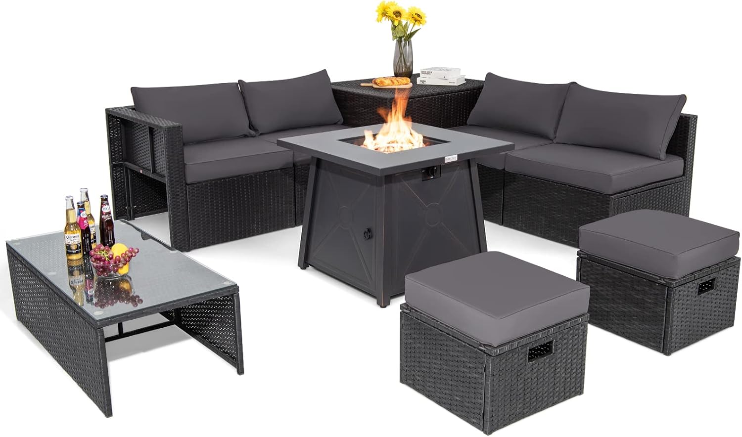Tangkula 9 Piece Patio Furniture Set w/30 Inches Propane Fire Pit Table, 50,000 BTU Heat Output,Heavy Duty Space Saving Rattan Sofa Set with Waterproof Cover,for Poolside, Backyard, Garden (Grey)