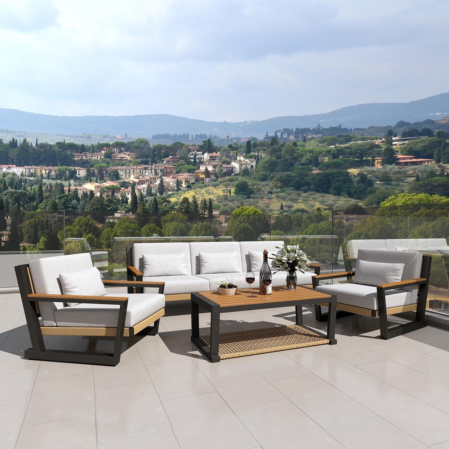 Aluminum Outdoor Patio Furniture Set 5 Seat, Patio Conversation Set with Durable Mesh Rope Weaving, Wide Armrests and Seats, Metal Sofa Set for Patio Yellow