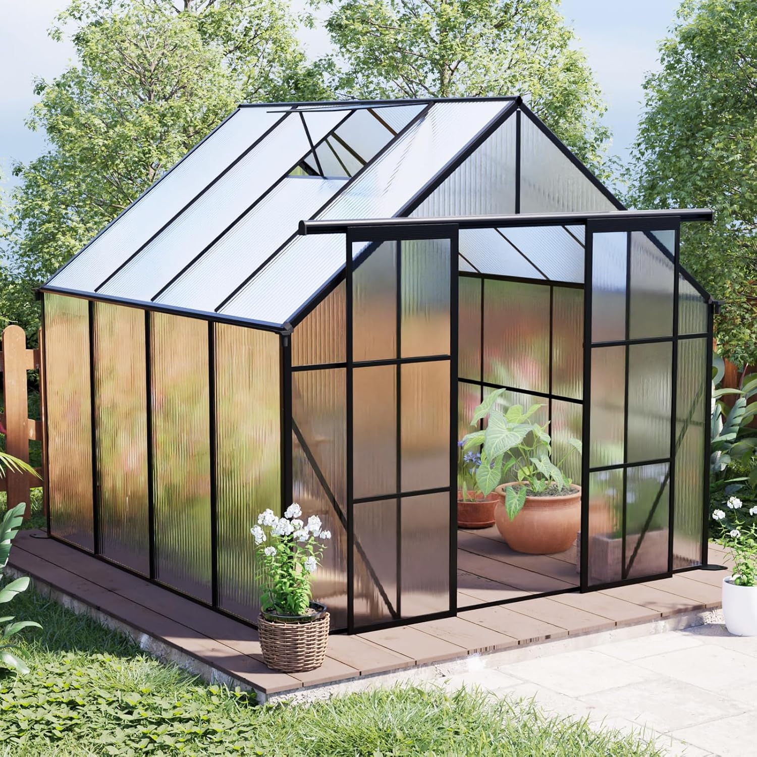 8x8 FT Greenhouse for Outdoors,Polycarbonate Greenhouse with Two-Sliding Door & Adjustable Roof Vent,Aluminum Large Walk-in Greenhouse for Outside Garden Backyard,Black