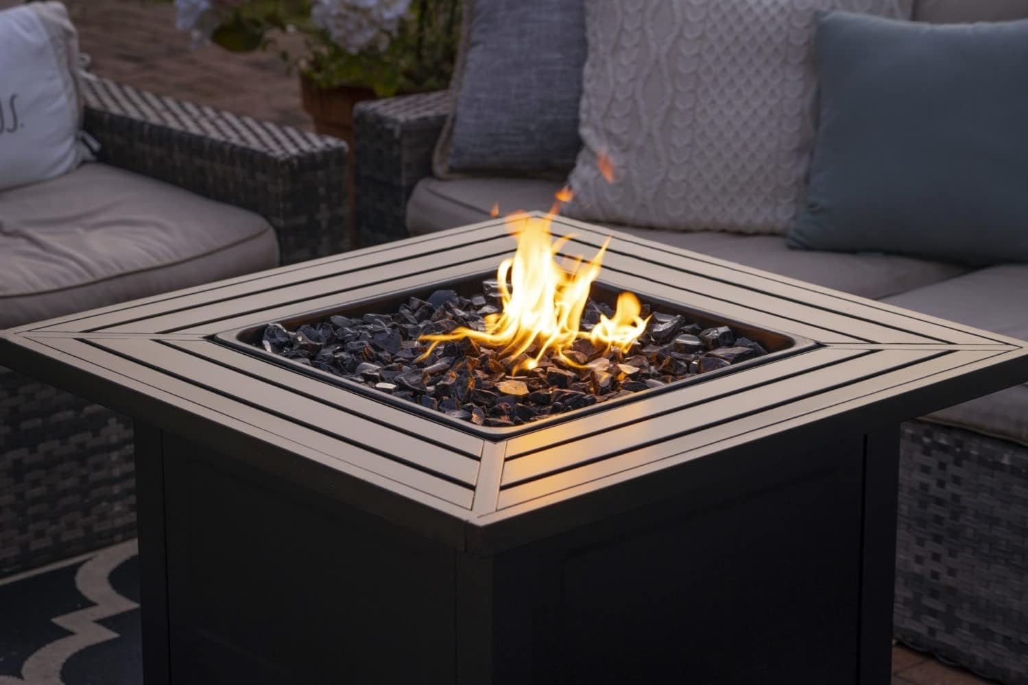 Endless Summer 30 Inch Square 30,000 BTU Propane Gas Outdoor Fire Pit Table with Steel Mantel, Slate Finish, Black Fire Glass, and Protective Cover