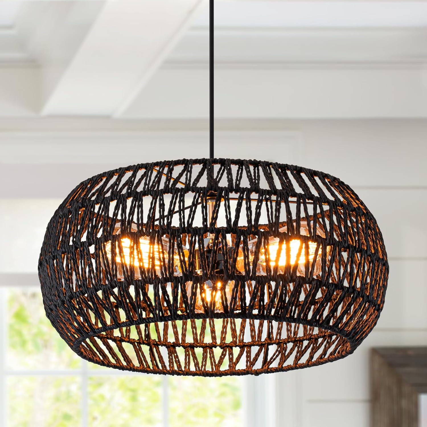 Black Boho Hanging Light Fixture Rattan Chandeliers Drum Pendant Lights for Dinning Room Wicker Chandelier Ceiling Hanging Light Basket Woven Chandelier for Bedroom Hallway Entrance Kitchen Island