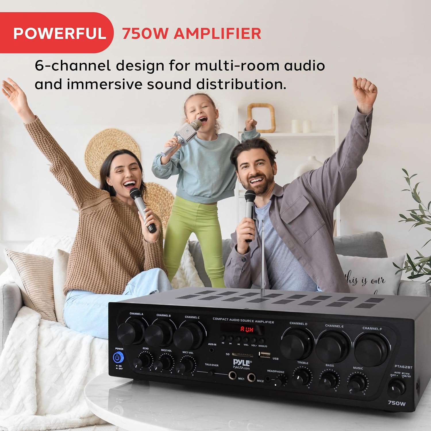 Pyle Wireless Bluetooth Home Audio Amplifier System-Upgraded 6 Channel 750 Watt Sound Power Stereo Receiver w/USB, Micro SD, Headphone,2 Microphone Input w/Echo, Talkover for PA - PTA62BT.5