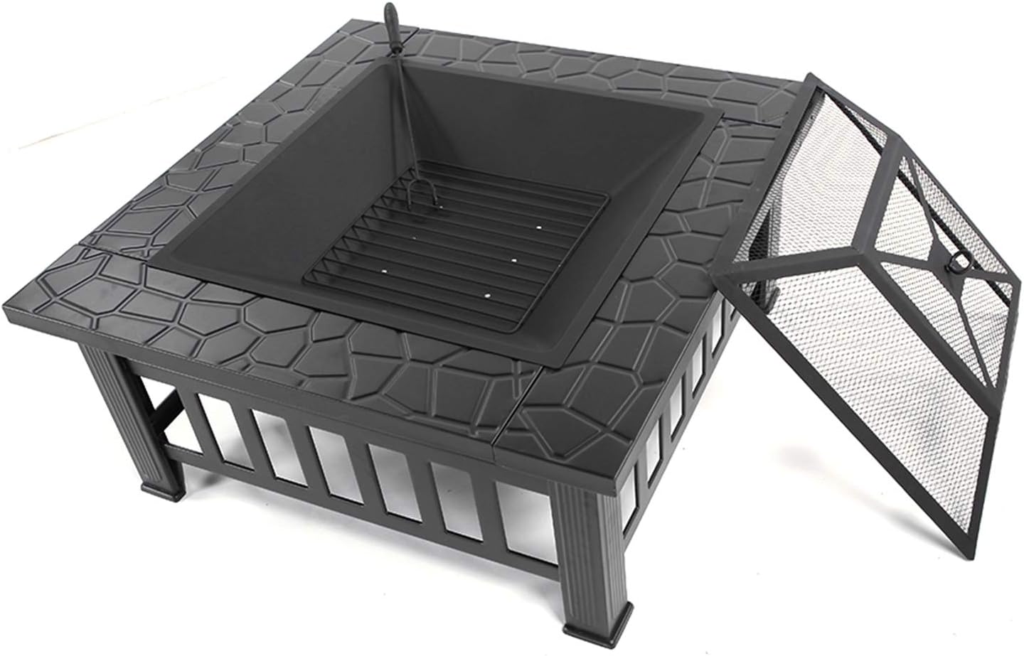 Portable Courtyard Metal Fire Pit, Black Square Outdoor Fire Bowl with Mesh Screen Lid & Poker, Heavy Duty Iron Fire Pit for Garden, Patio, Backyard Heating & Camping