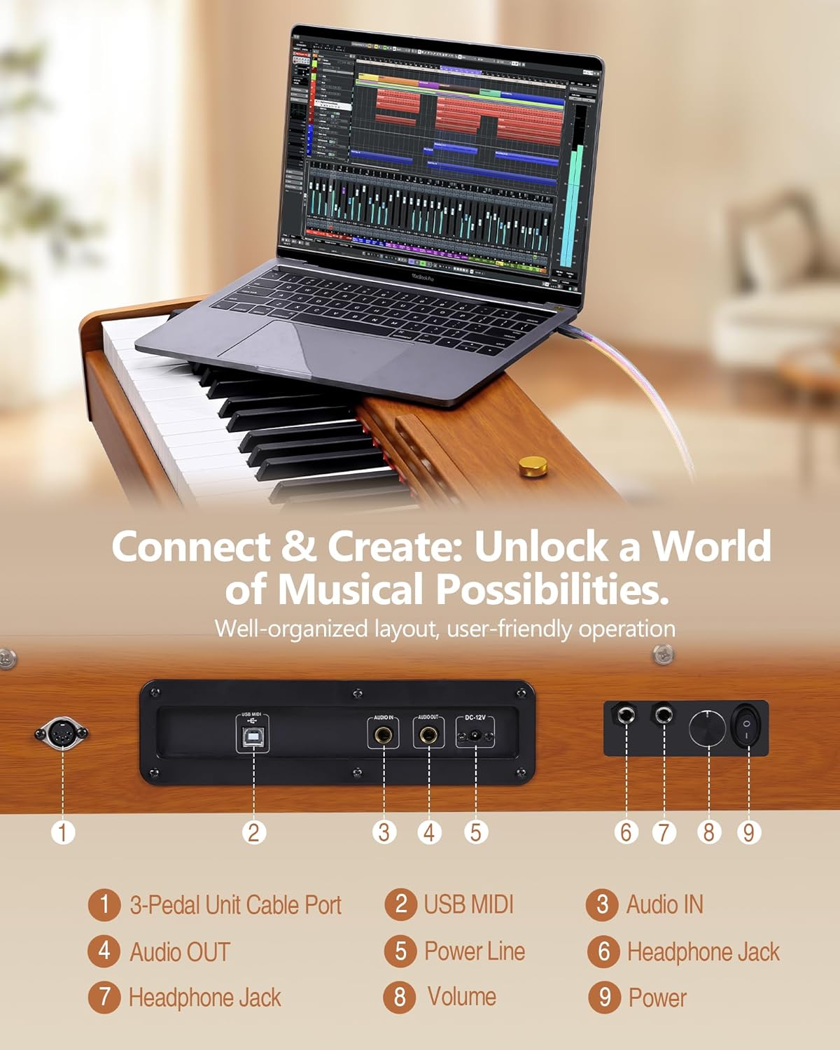 ALLSET 88-Key Digital Piano | Fully-Weighted Hammer Action & Concert Grand Sound | Compact Upright Design in Warm Brown Wood | Includes 3 Pedals & USB/MIDI for Beginners & Home Use | HP-740