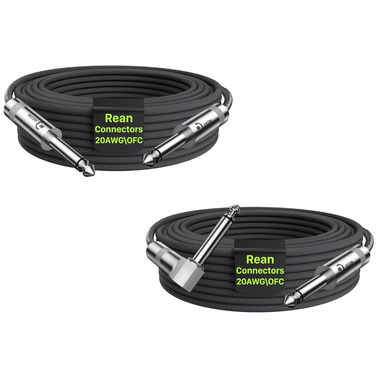 Guitar Cable 50ft 4 Pack (2*Straight & 2*Right Angle), Neutrik REAN Connectors, Kevlar-Reinforced Nylon Braided Cable, No Noise for Electric Guitar Bass AMP
