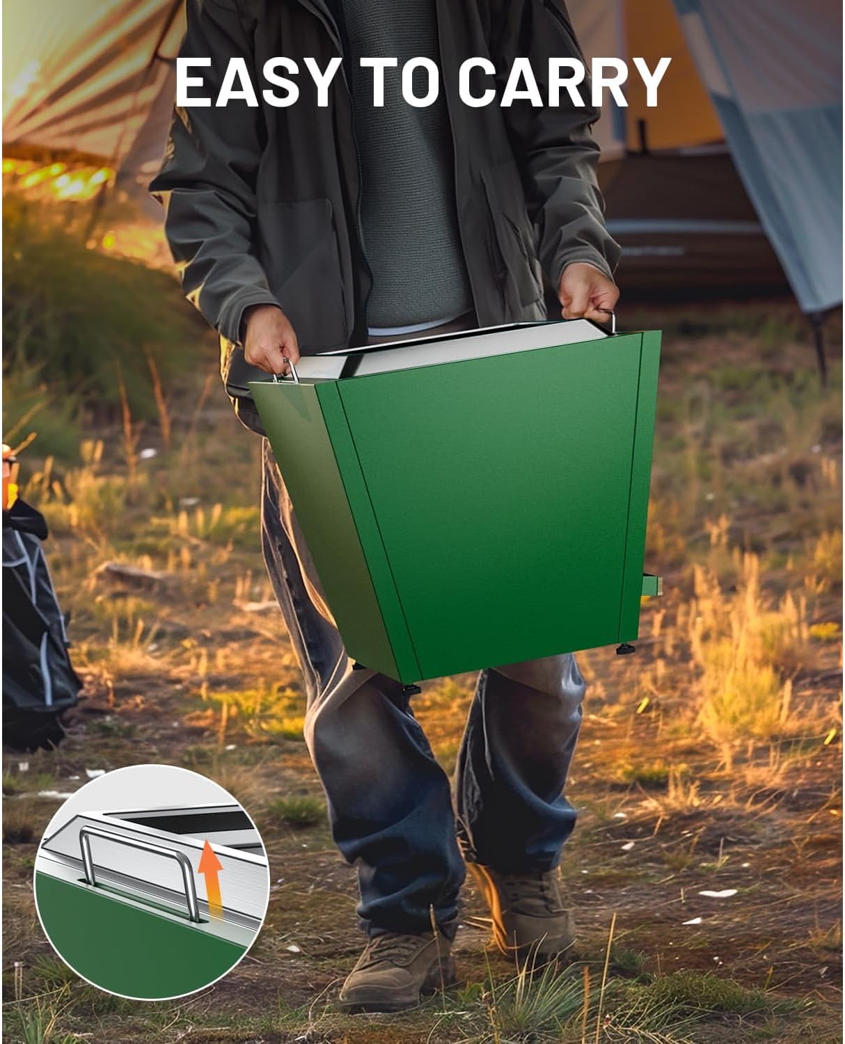 Cyberpit One 20-Inch Smokeless Fire Pit with Pull-Out Ash Pan, Portable Outdoor Fire Pit, Carry Handle, Stainless Steel, Green