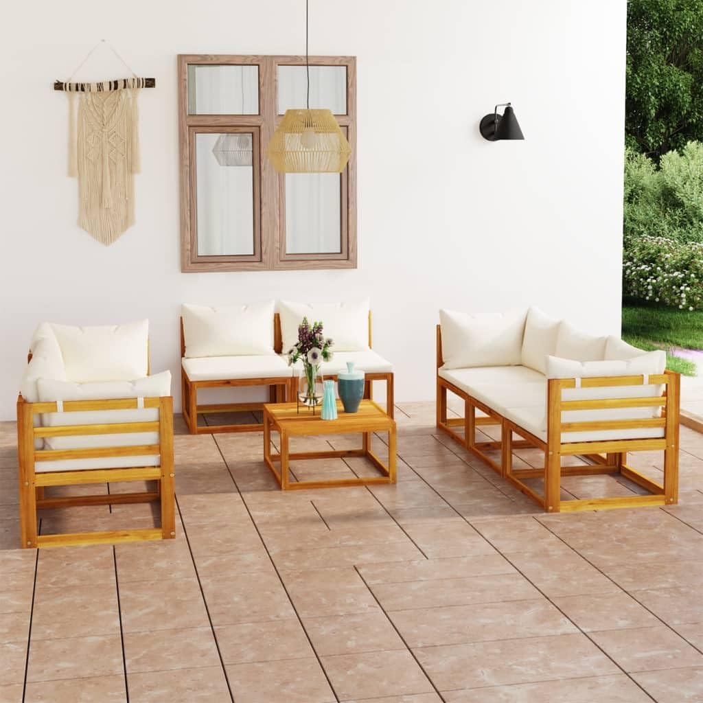 9 Piece Patio Lounge Set with Cushion Cream Solid Acacia Wood,Acacia Wood Modular Patio Sofa Set with Cushions for Outdoor and Indoor Use Patio Furniture, Outdoor Furniture Sets