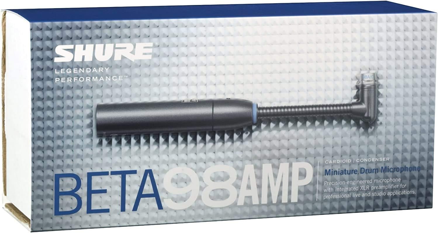 Shure BETA 98AMP/C Drum Microphone - Miniature Cardioid Condenser with Flexible Gooseneck, Integrated XLR Preamplifier, A75M Microphone Mount, Snap-Fit Windscreen - Ideal for Snares and Toms