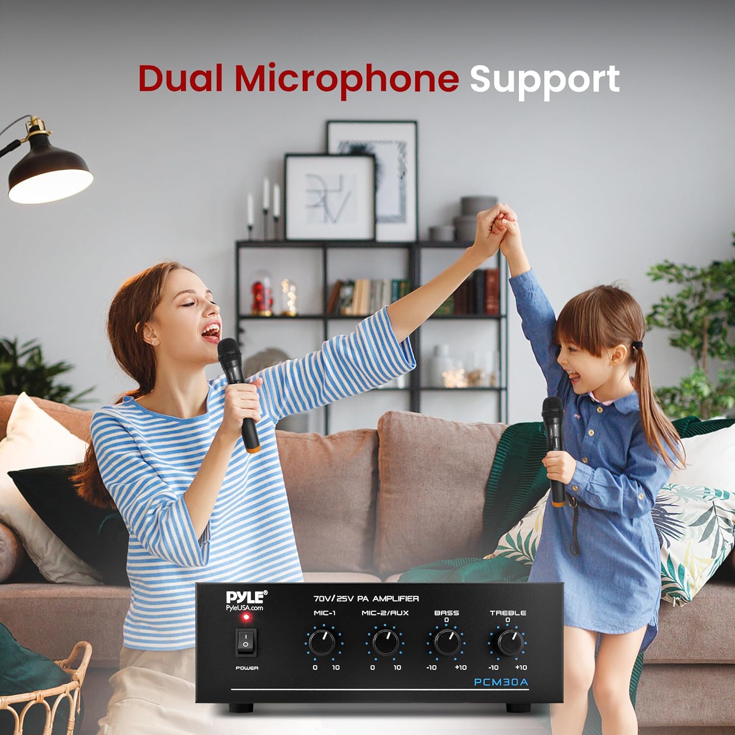 Pyle Compact Mini Home Power Amplifier - 60W Public Address System w/ RCA, 2 Microphone IN, 25/70 Volt Outputs, LED, Input Selector, Mic Talkover, Telephony, Music On Hold - PCM30A