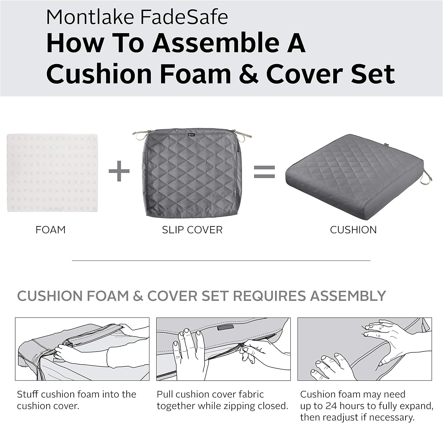 Classic Accessories Montlake Outdoor Chaise Lounge Cushion, 72 x 21, FadeSafe, Water-Repellent, Quilted Grey