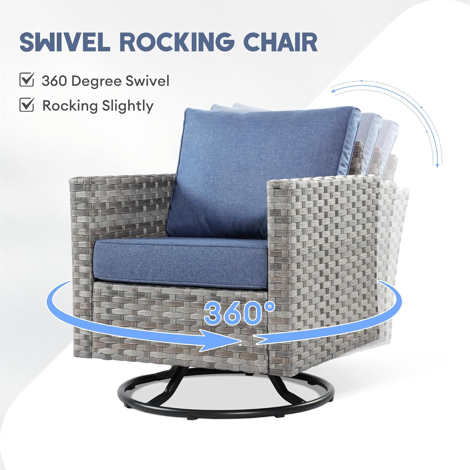 Patio Conversation Set, 10-Piece Wicker Outdoor Sectional Swivel Rocker Chairs Set with 42 Inch Rectangular Fire Pit Table (Denim Blue)