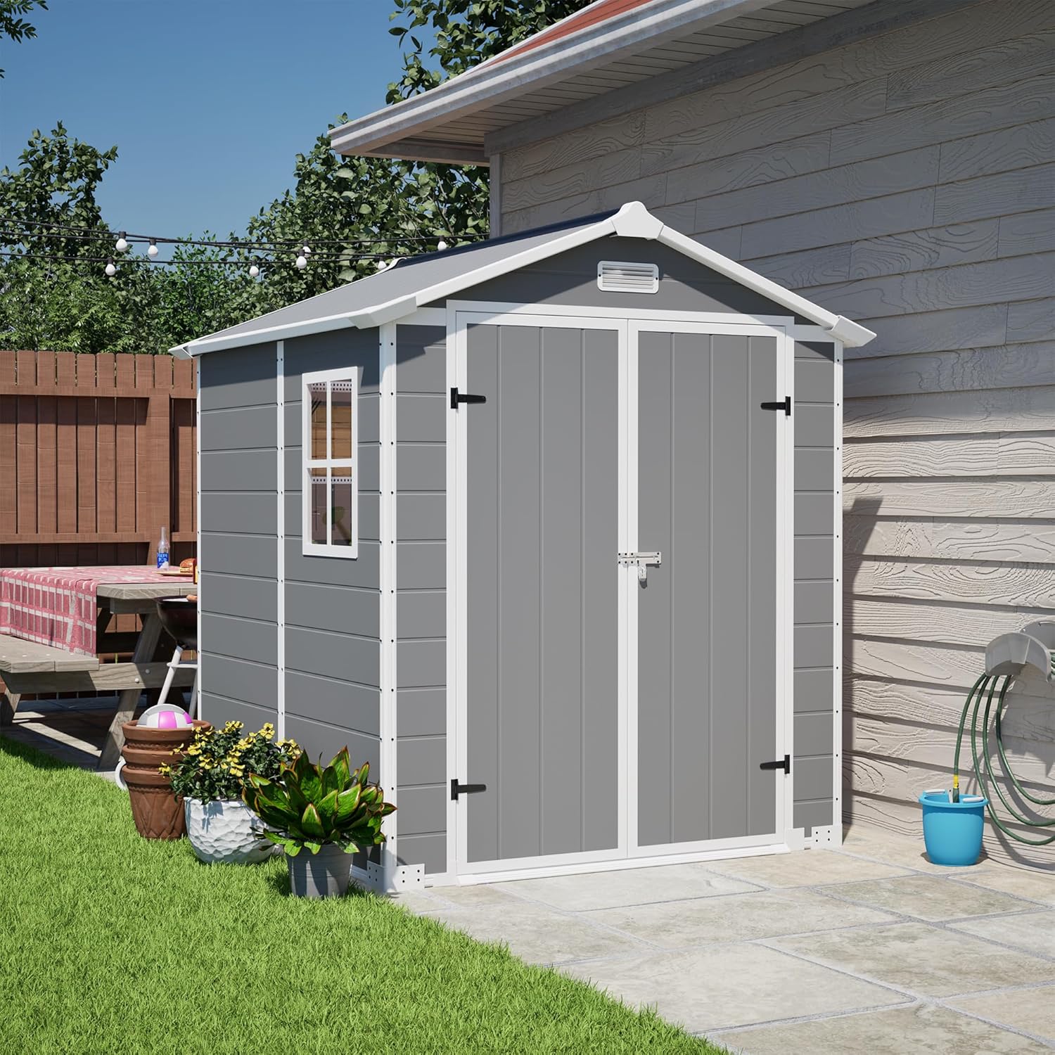 6x6 Resin Outdoor Storage Shed Kit Perfect to Store Patio Furniture, Garden Tools Bike Accessories, Beach Chairs and Lawn Mower, Grey & White