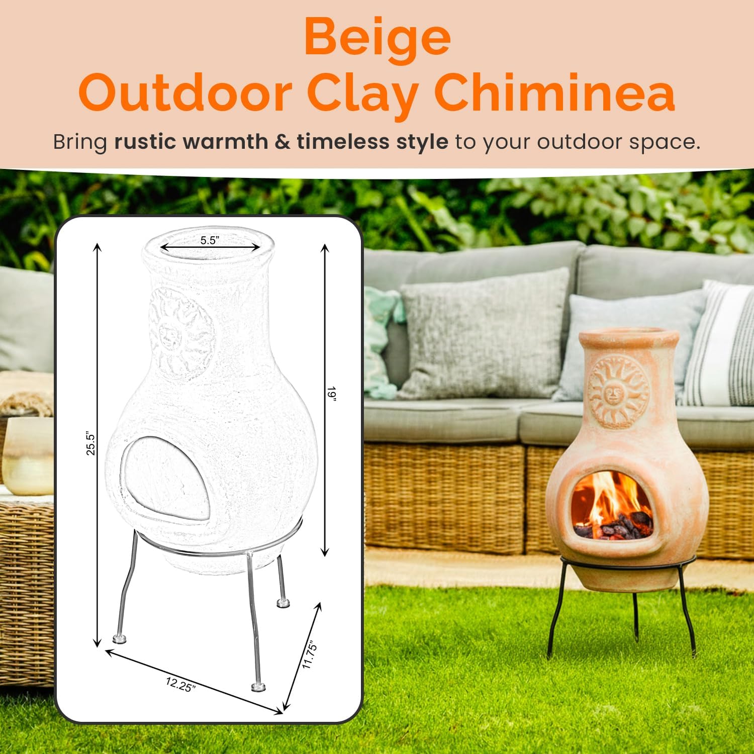 Outdoor Beige Clay Chiminea Outdoor Fireplace Sun Design Charcoal Burning Fire Pit with Sturdy Metal Stand, Barbecue, Cocktail Party, Family Gathering, Cozy Nights Fire Pit