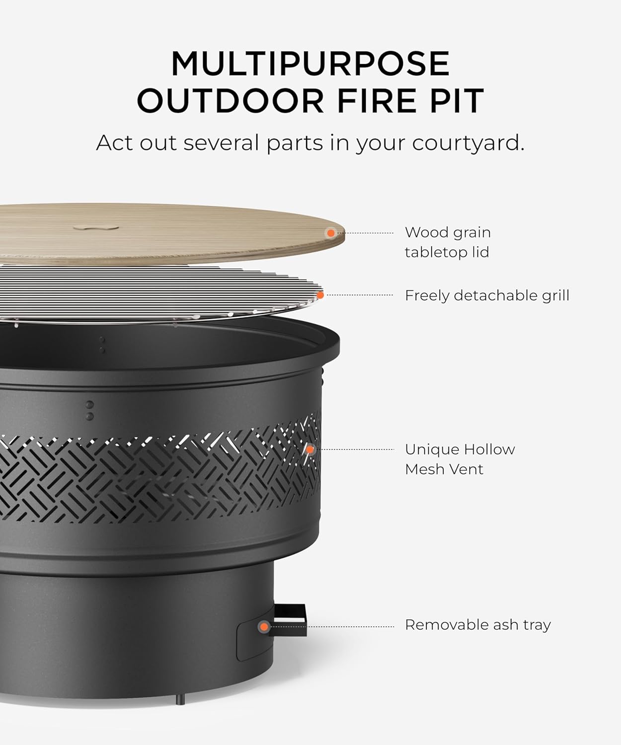 26 inch Fire Pit with Grill & Lid, Firepits for Outside Wood Burning Fire Pit Table with Fire Poker, Multifunctional Outdoor Fire pits for BBQ, Table, Bonfire, Camping, Backyard, Patio, Picnic