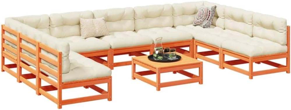 10 Piece Modular Garden Sofa Set, Wax Brown Solid Pinewood, Oxford Fabric Cushions, Outdoor Patio Furniture for Balcony, Weather-Resistant