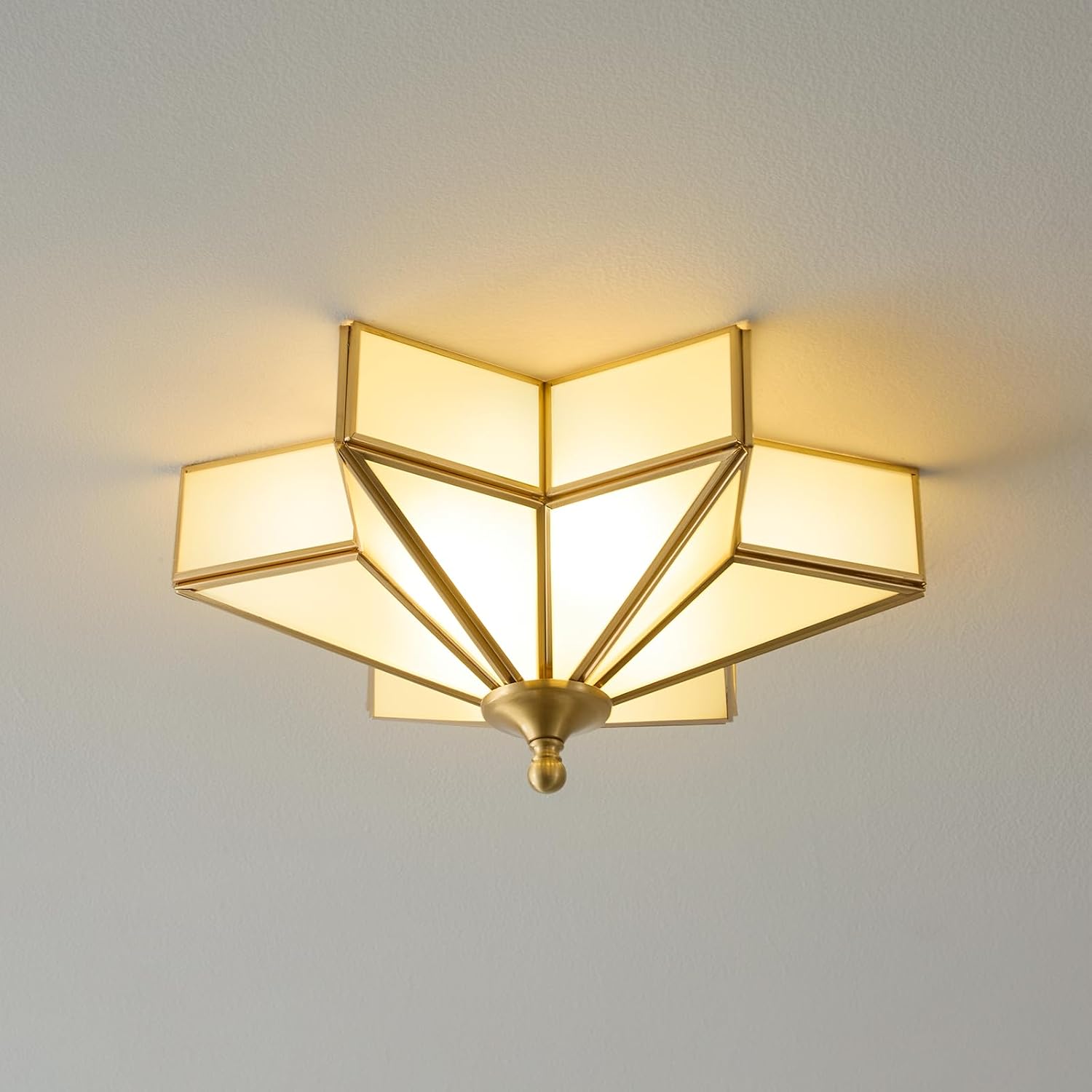 Brass Star Gold Ceiling Light - Small 12 Inch Milk Glass Flush Mount Fixture - Unique Art Deco Vintage modern Lighting Lights for Bedroom Dining Foyer Entryway Hall Hallway Outdoor Porch Fixtures