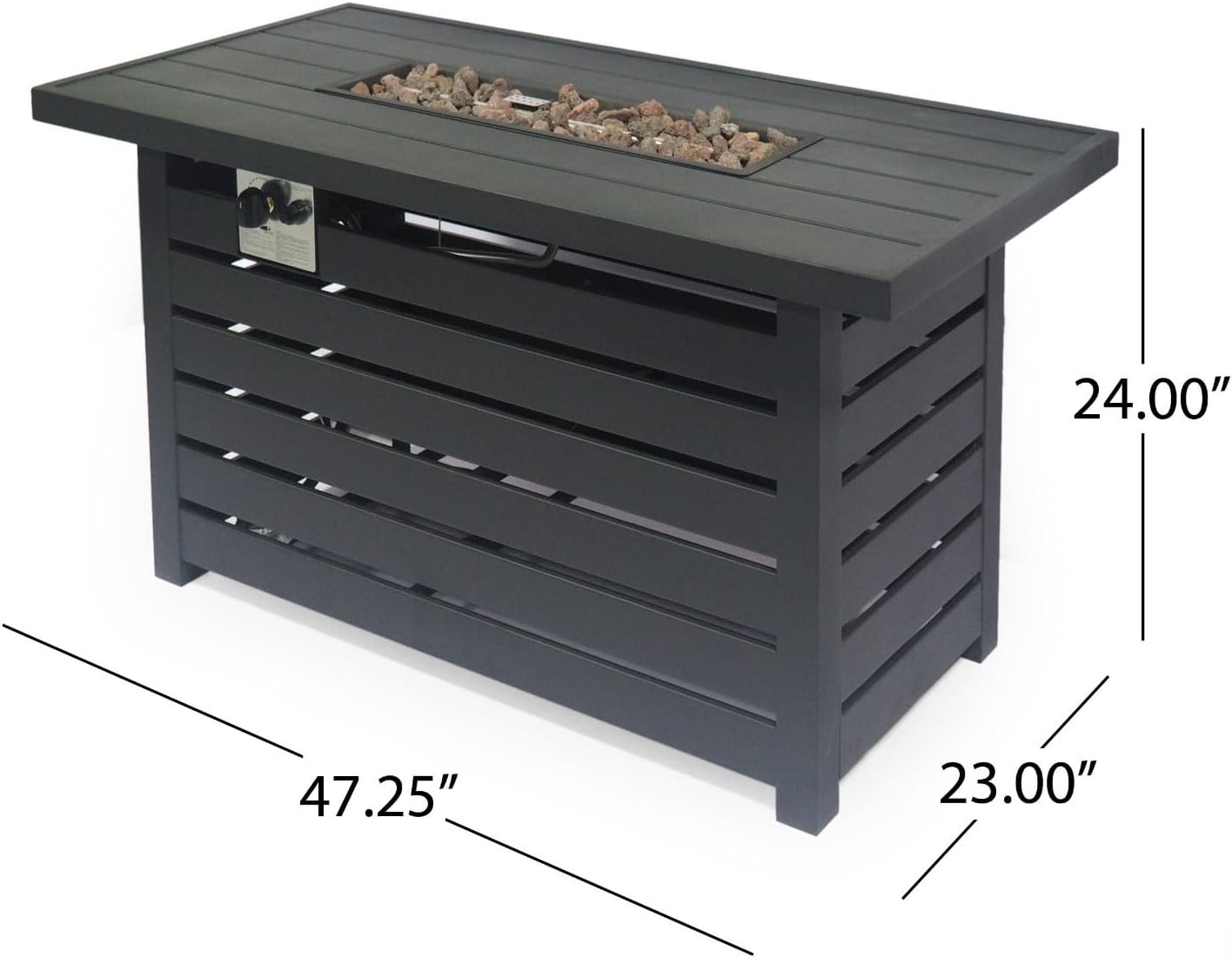 47-Inch Rectangular Outdoor Propane Fire Pit Table with 30,000 BTU Burner - Modern Iron Patio Heater with Hidden Tank Storage and Decorative Stones for Backyard and Garden, Black
