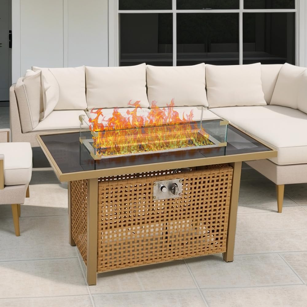 43 Inches Propane Fire Pit Table, 60,000 Btu Rectangular Outdoor Fire Pit with Glass Wind Guard for Patio, Deck, Backyard – Orange & Mustard Yellow (Orange-Yellow) (1 Doors)