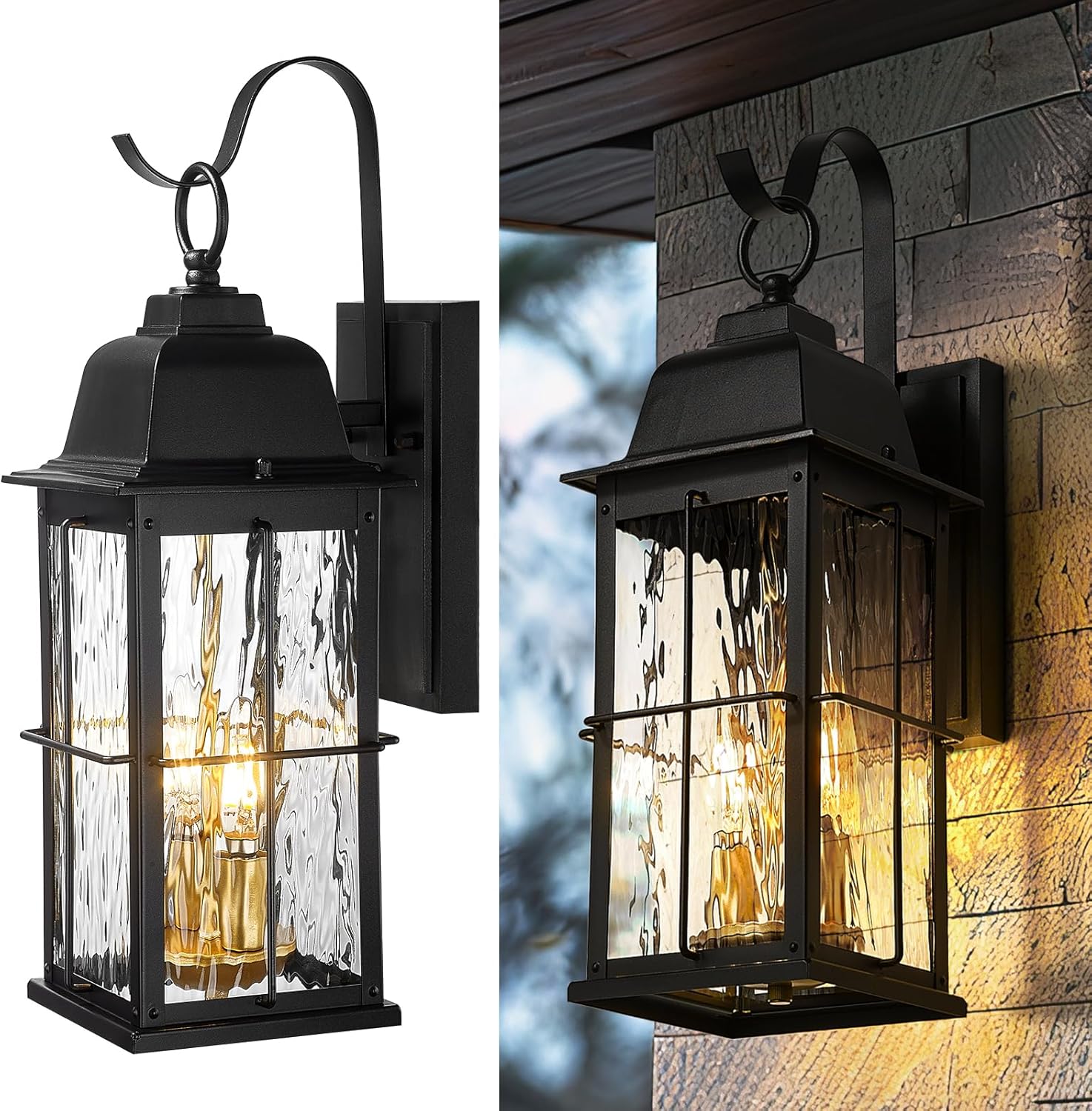 zeyu 17.2 Inch Exterior Black Light Fixture, 2-Light Outside Wall Light for House, Die-Cast Aluminum with Water Ripple Glass, Black and Gold Finish, 20071B2 BK+BG-WP