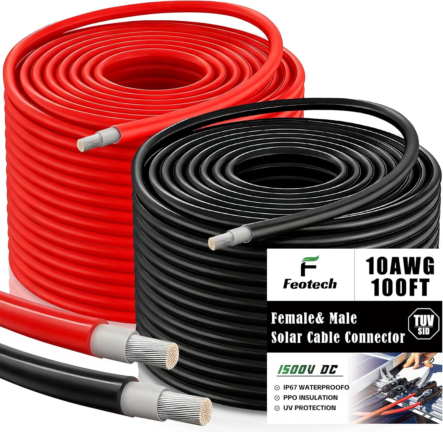 Twin Wire Solar Extension Cable 100FT - 10AWG (6mm²) Solar Panel Tinned Copper Wire for Outdoor, Automotive, RV, Boat and Marine Use - Black & Red