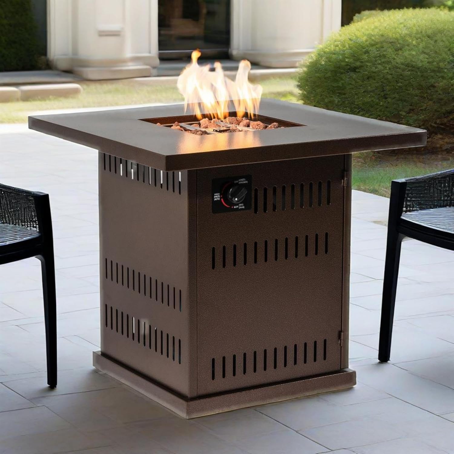 28in 50000BTU Propane Fire Pit Table with Steel Lid and Volcanic Rocks Adjustable Flame for Patio Deck Garden Brown Finish