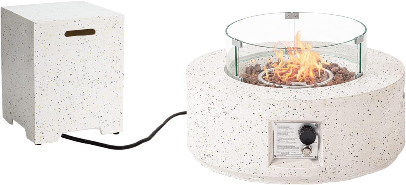 HOMPUS Outdoor Propane Fire Pit 40,000 BTU 42-inch x 17-inch Round Concrete Gas Fire Table Outside Smokeless Firepit with Tank Cover,Wind Gurad,Lava Rocks and Rain Cover for Garden,Deck,Backyard